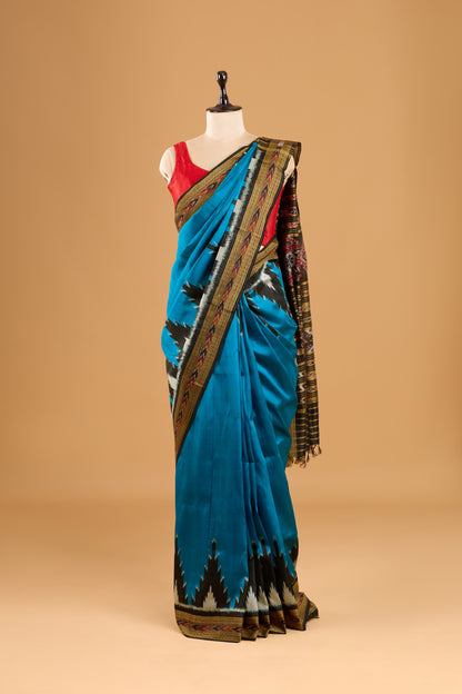 Phoda Kumbha Khandua Ikkat Silk Saree - Blue & Black