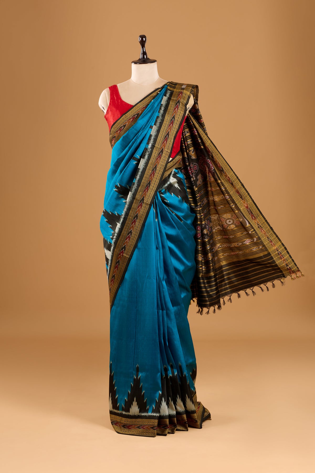 Phoda Kumbha Khandua Ikkat Silk Saree - Blue & Black
