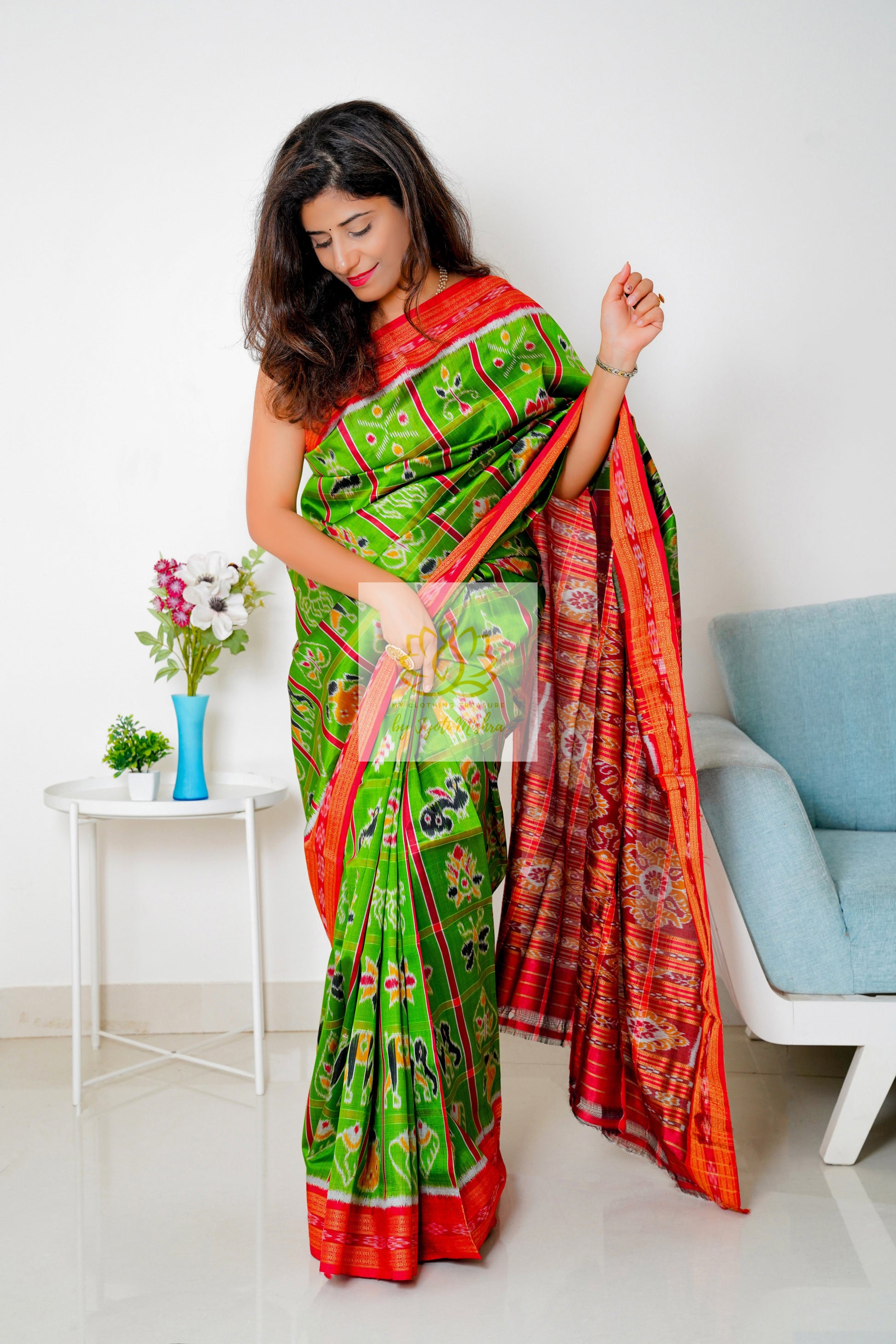 Nabakothi Khandua Silk Saree: Parrot Green Saree