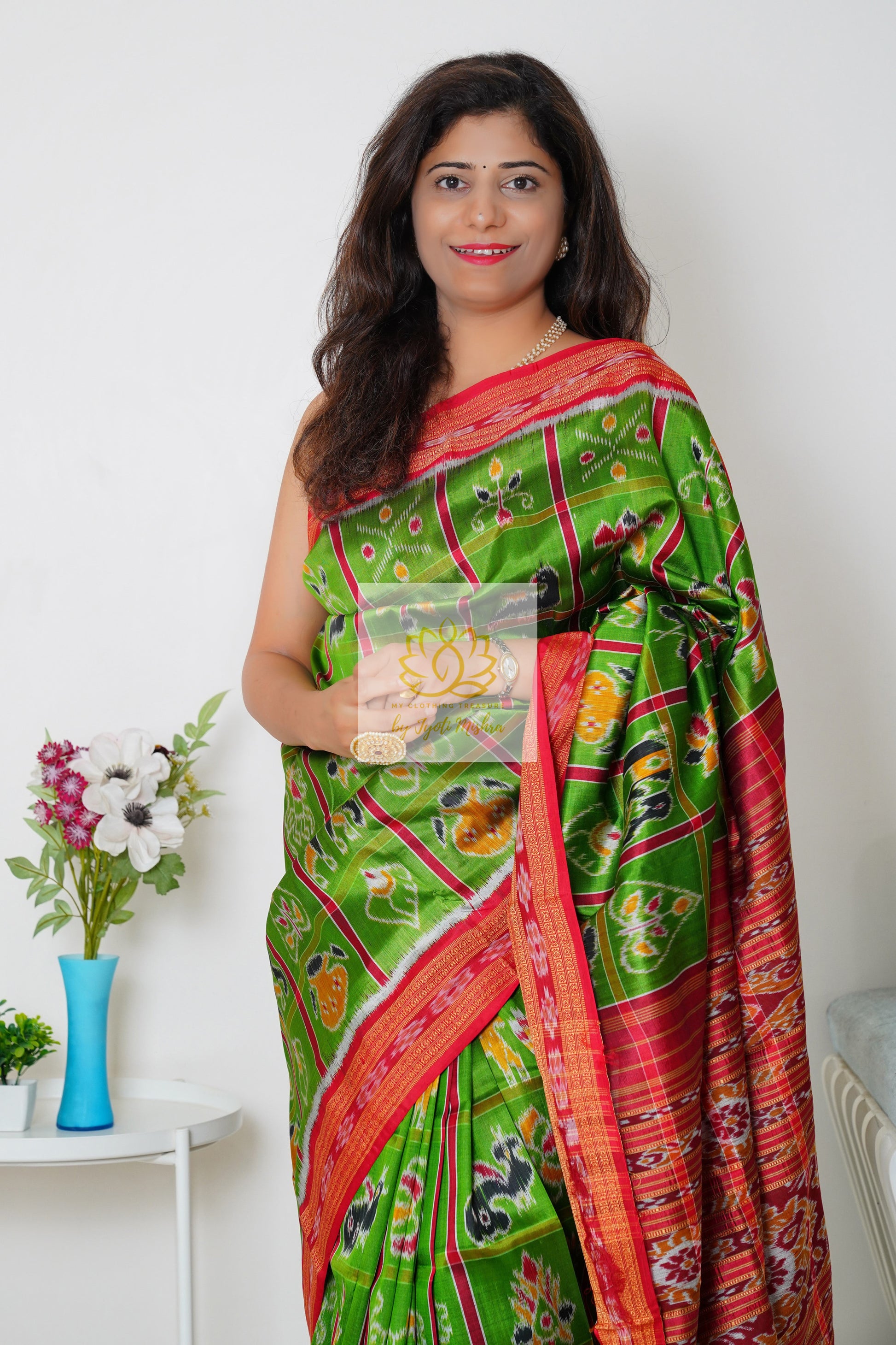 Nabakothi Khandua Silk Saree: Parrot Green Saree