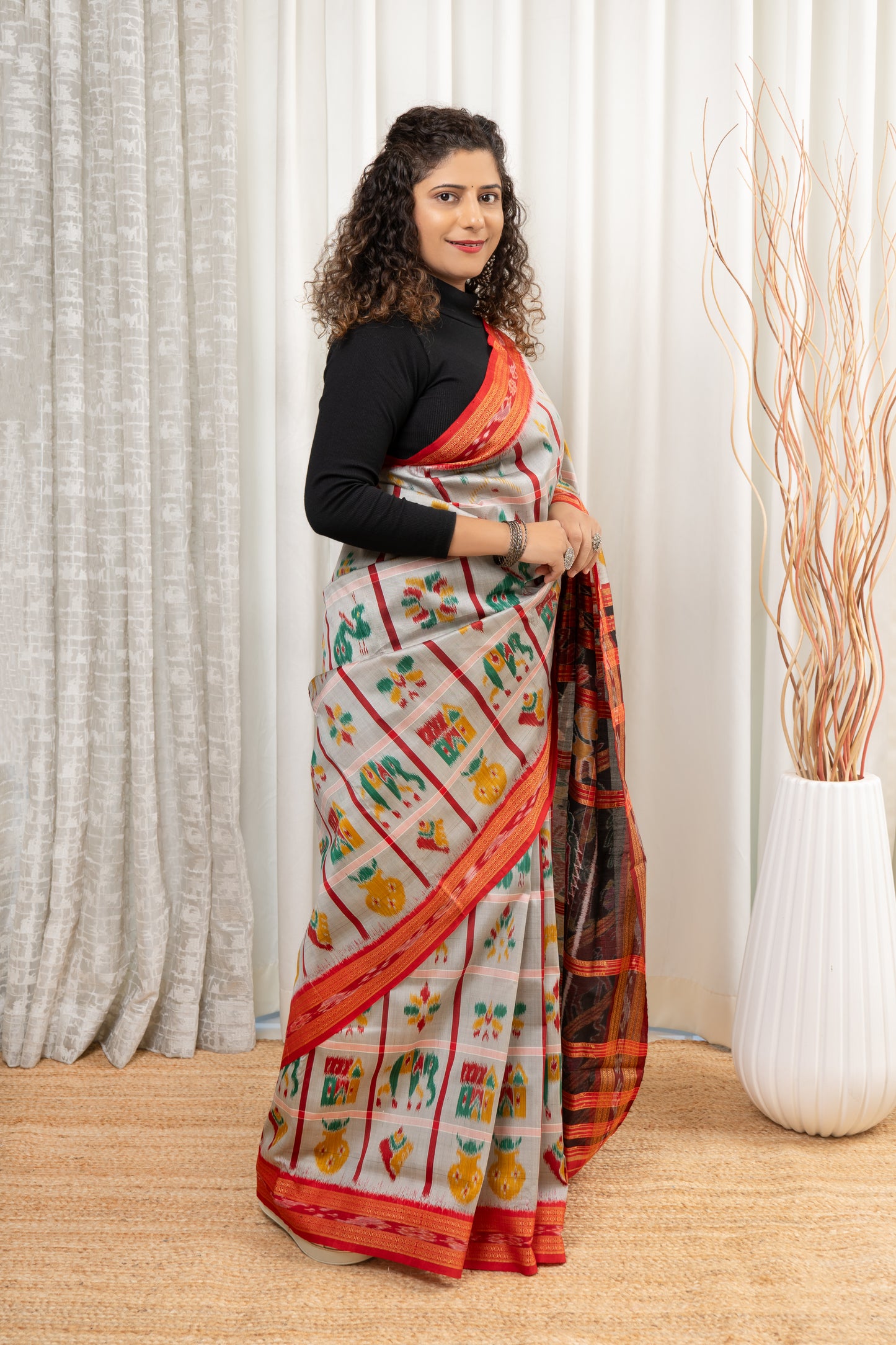 Nabakothi Khandua Silk Saree: Grey