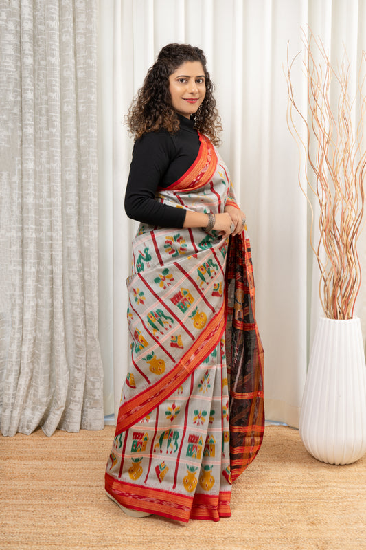 Nabakothi Khandua Silk Saree: Grey