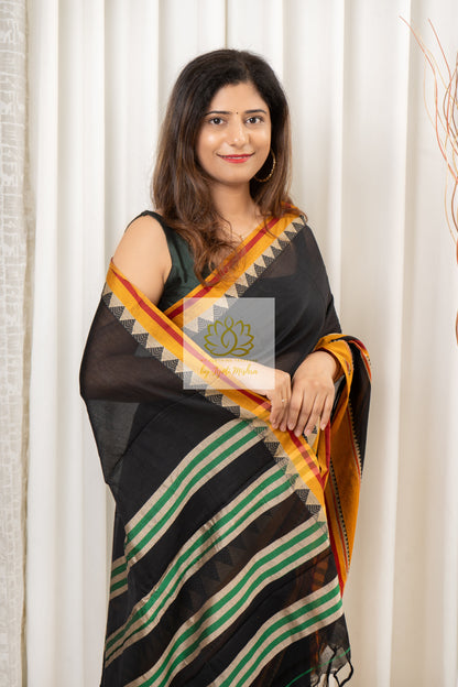 Narayanpet Mercerized Cotton Saree With Broad Border - Black