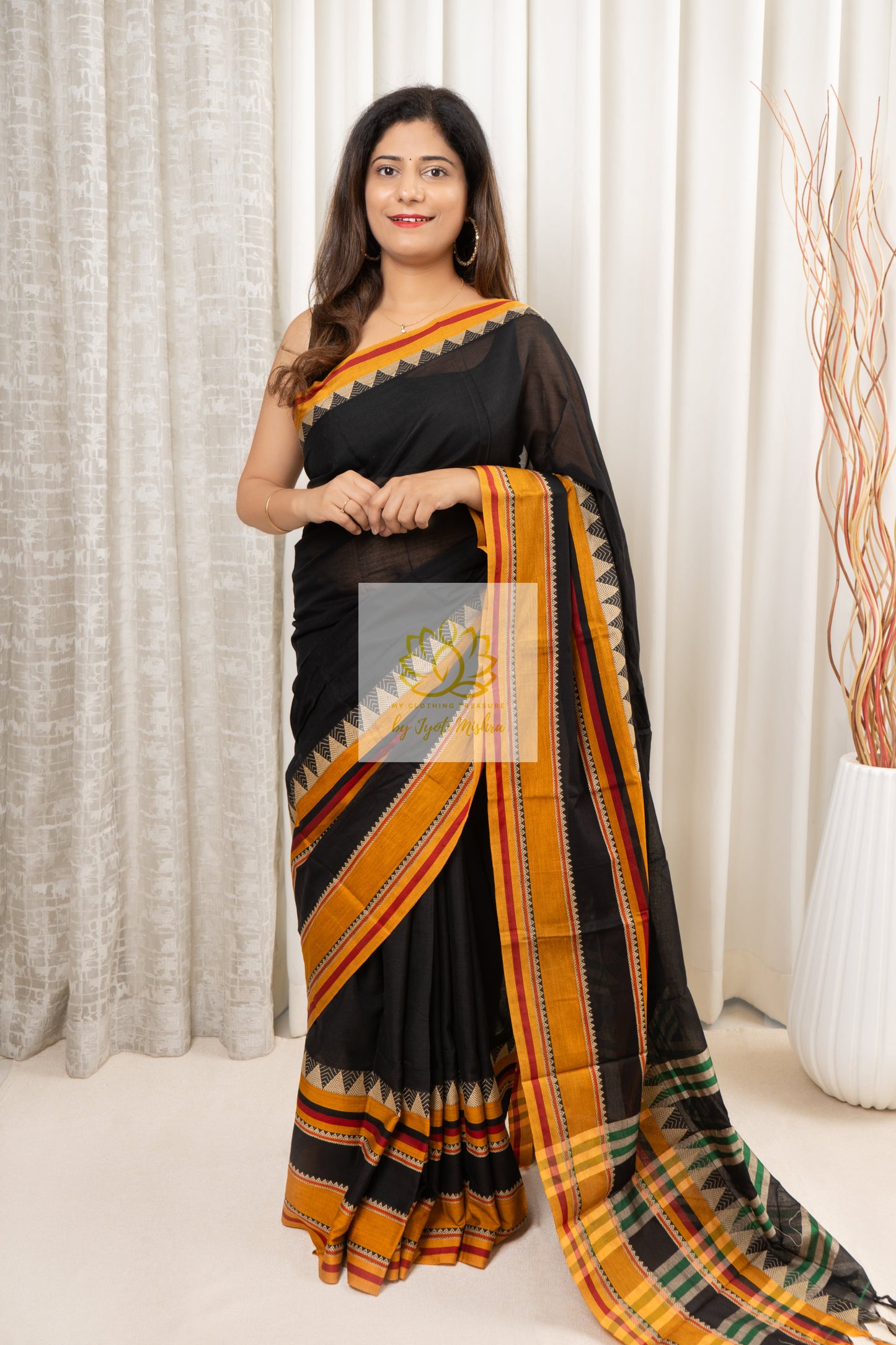 Narayanpet Mercerized Cotton Saree With Broad Border - Black