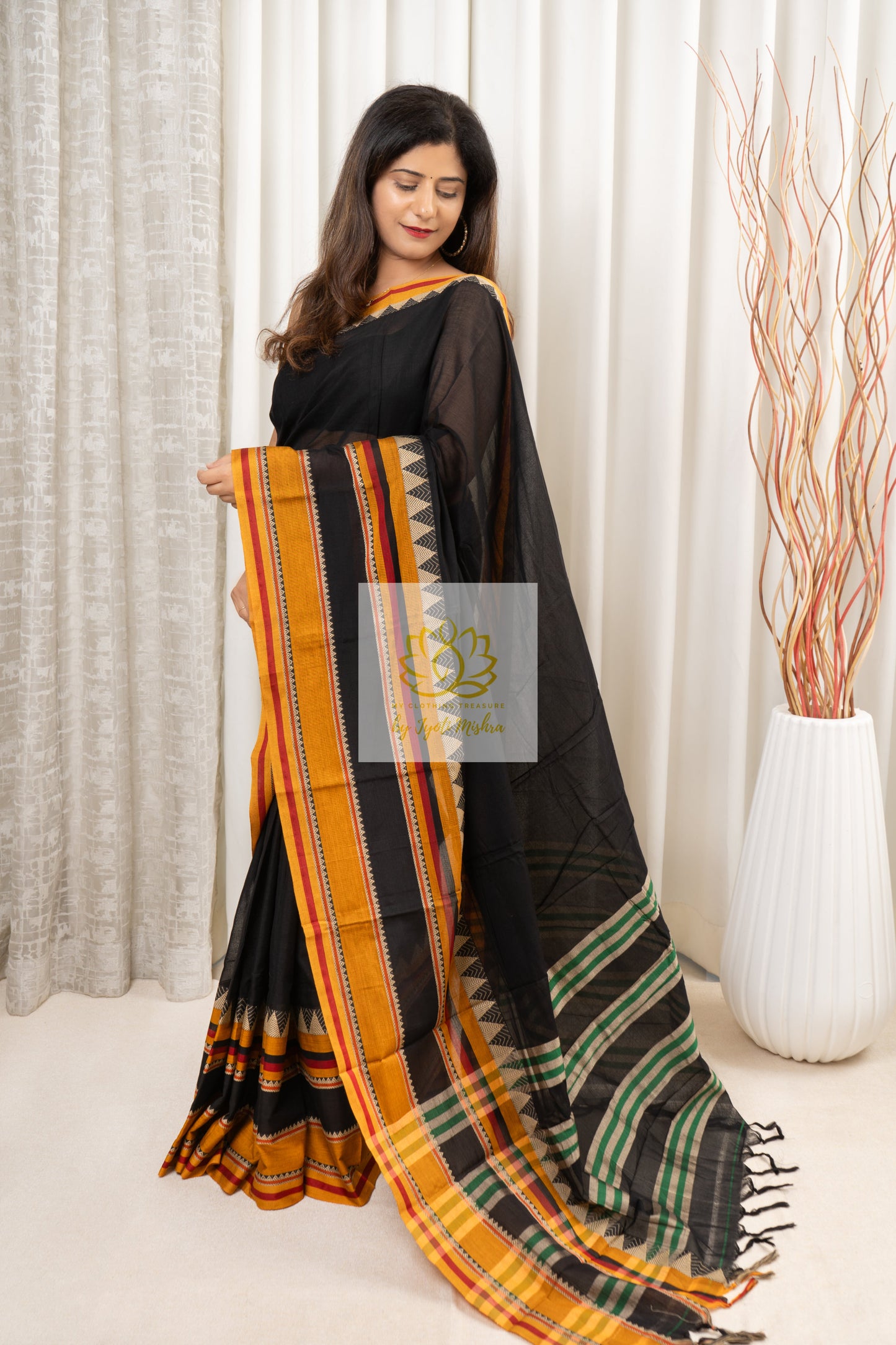 Narayanpet Mercerized Cotton Saree With Broad Border - Black