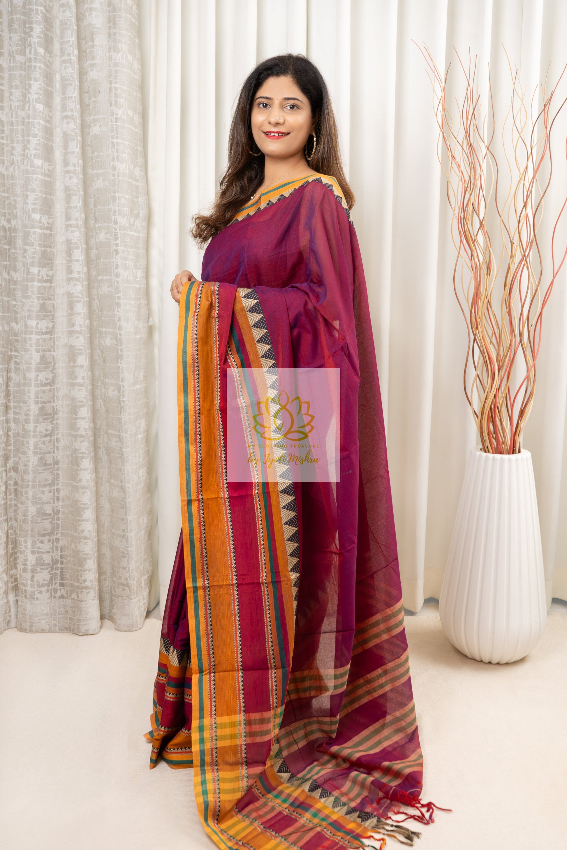 Narayanpet Mercerized Cotton Saree With Broad Border - Burgundy