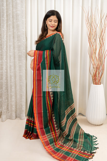 Narayanpet Mercerized Cotton Saree With Broad Border - Green