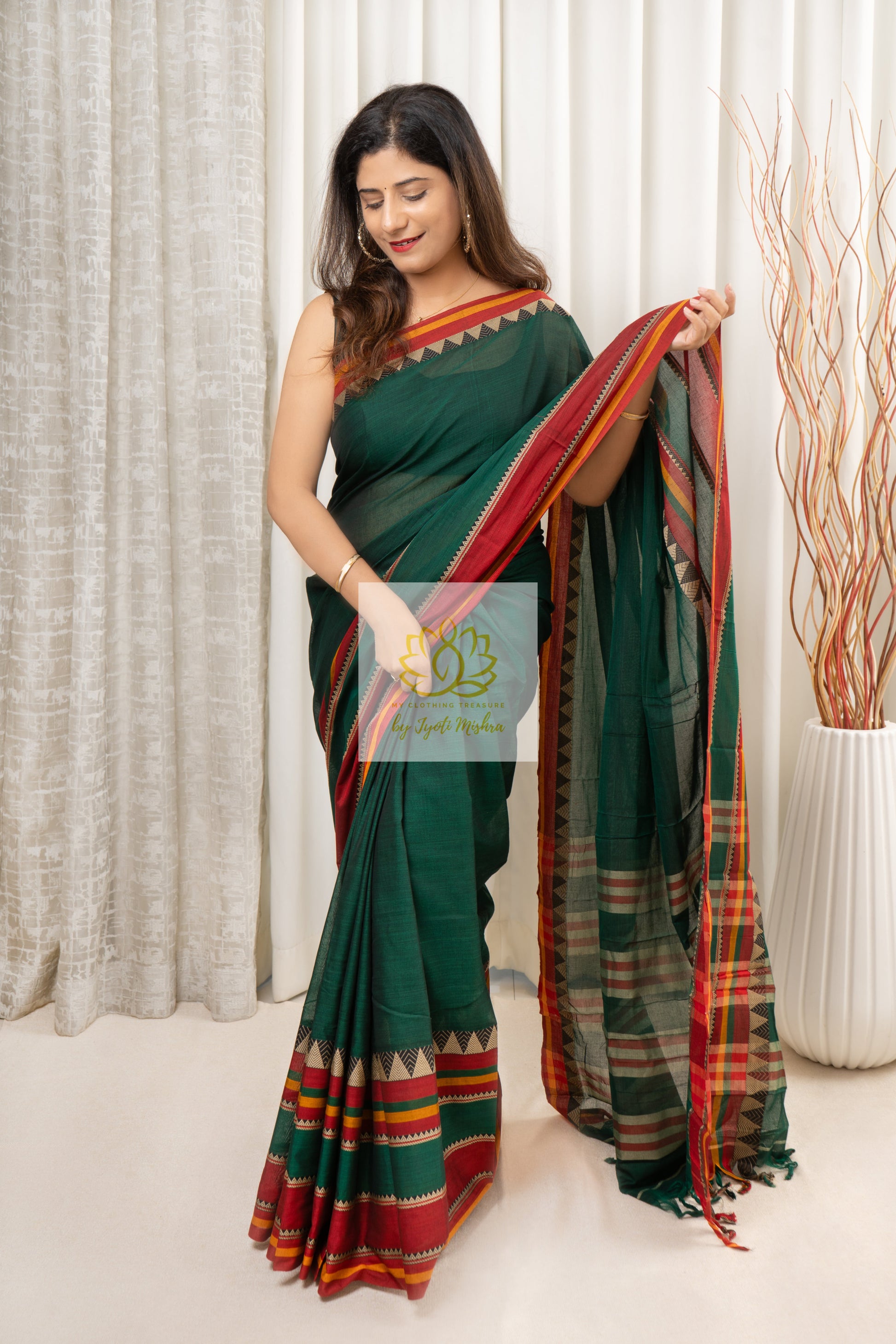 Narayanpet Mercerized Cotton Saree With Broad Border - Green