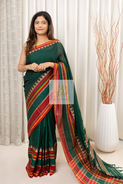 Narayanpet Mercerized Cotton Saree With Broad Border - Green