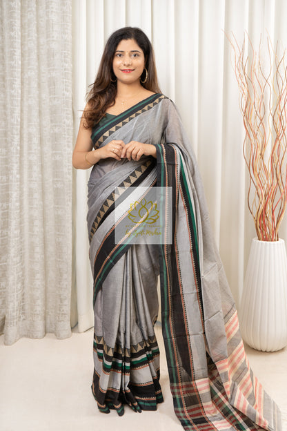 Narayanpet Mercerized Cotton Saree With Broad Border - Grey