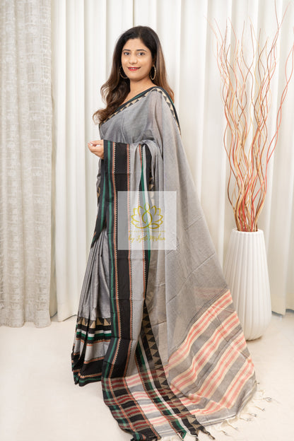 Narayanpet Mercerized Cotton Saree With Broad Border - Grey