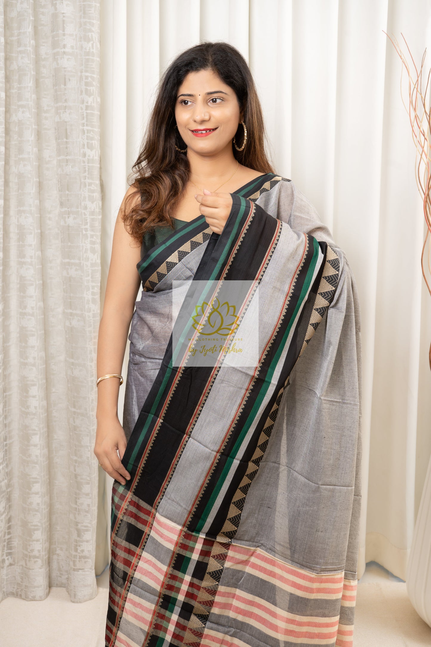 Narayanpet Mercerized Cotton Saree With Broad Border - Grey