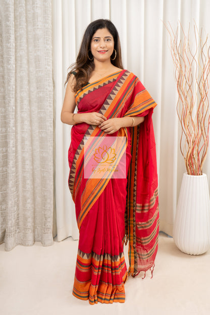 Narayanpet Mercerized Cotton Saree With Broad Border - Red