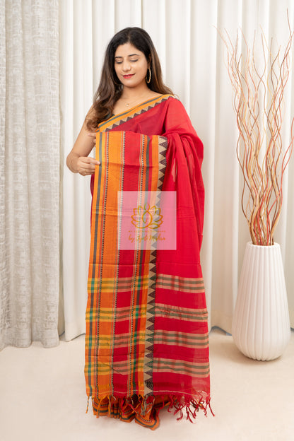 Narayanpet Mercerized Cotton Saree With Broad Border - Red