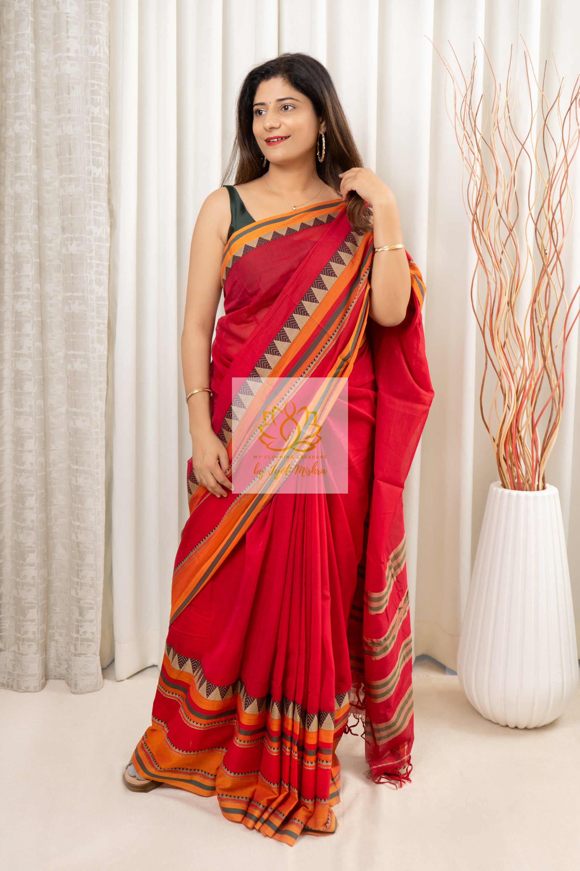 Narayanpet Mercerized Cotton Saree With Broad Border - Red