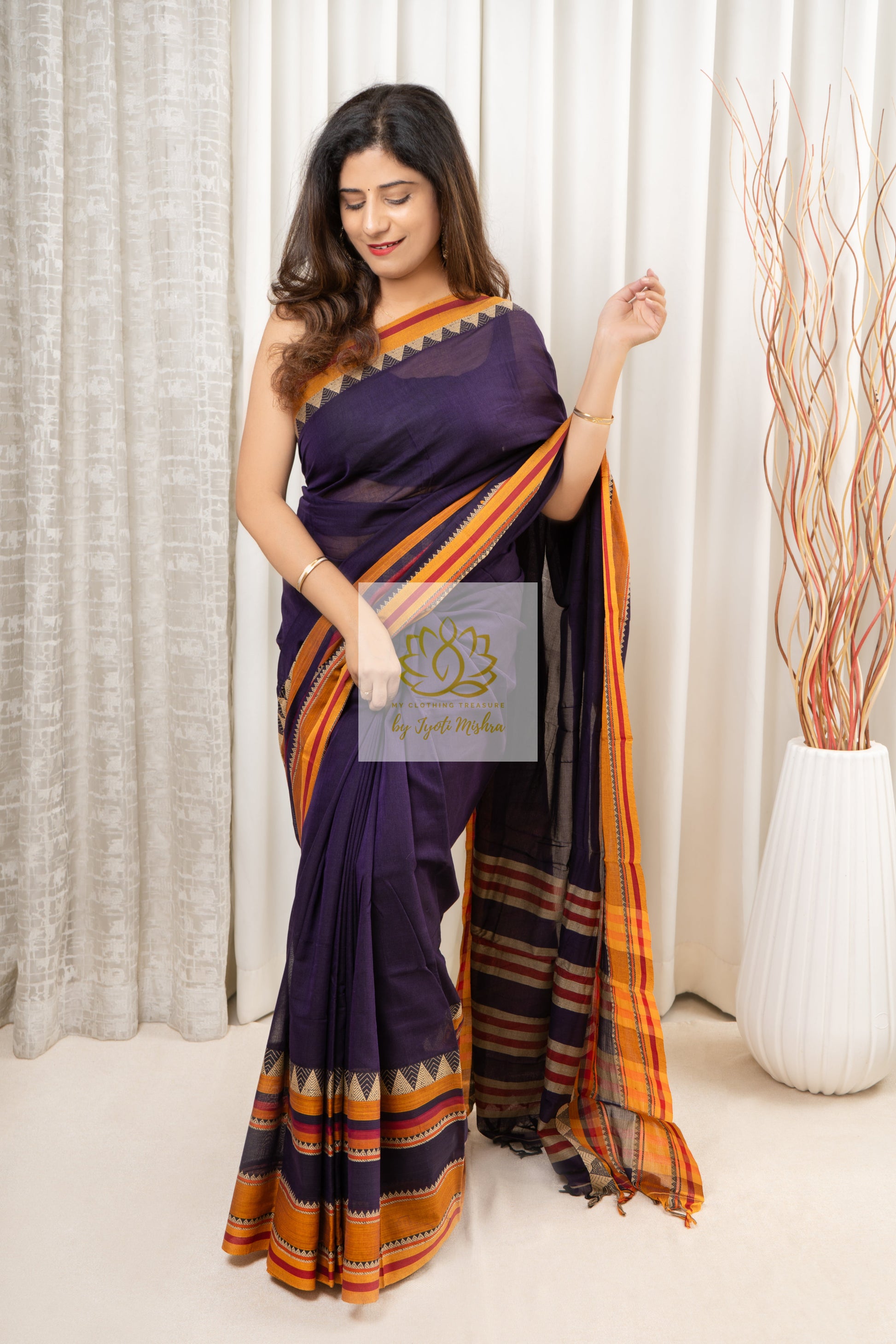 Narayanpet Mercerized Cotton Saree With Broad Mustard Border - Ink Blue