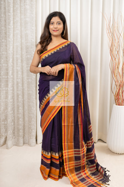 Narayanpet Mercerized Cotton Saree With Broad Mustard Border - Ink Blue