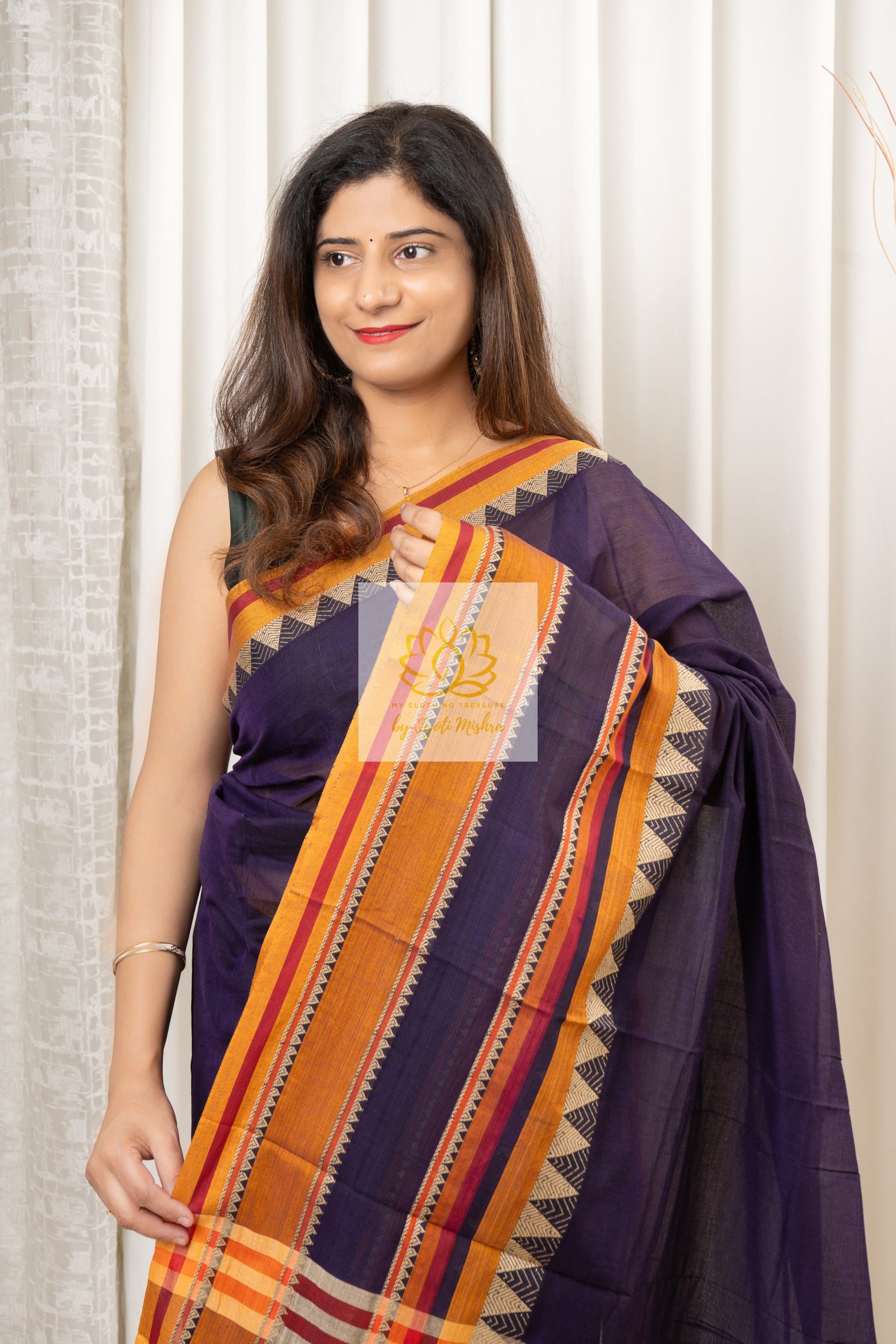 Narayanpet Mercerized Cotton Saree With Broad Mustard Border - Ink Blue