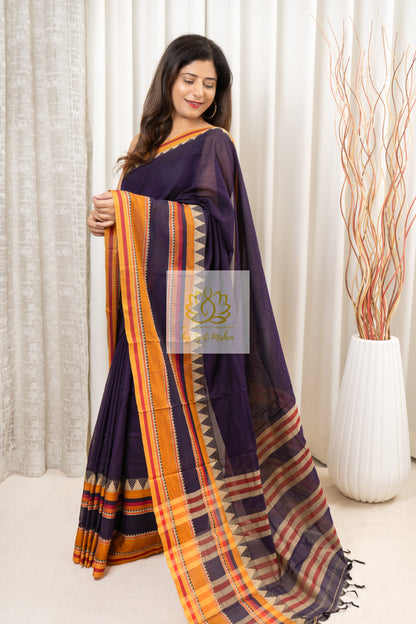 Narayanpet Mercerized Cotton Saree With Broad Mustard Border - Ink Blue