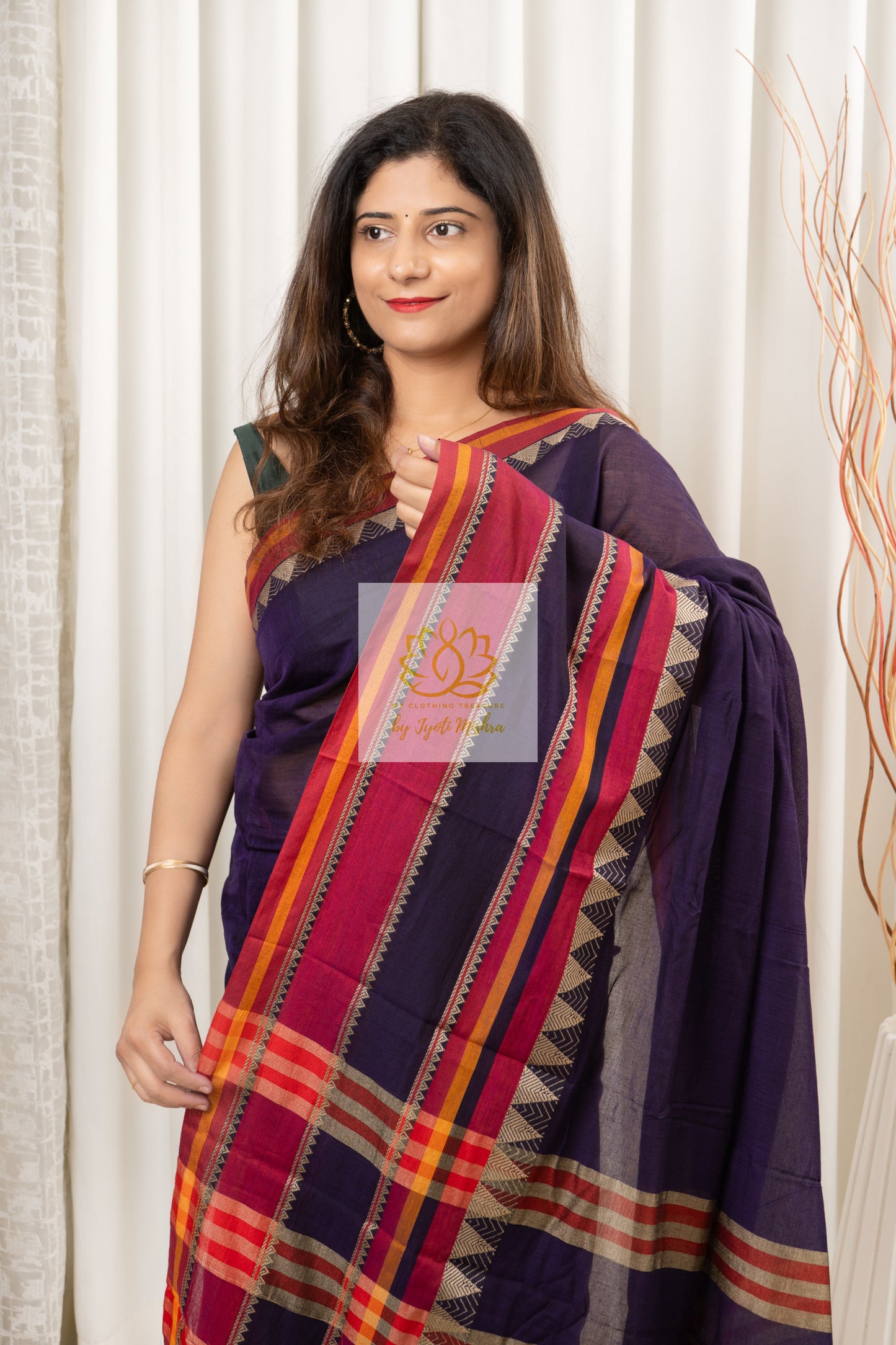 Narayanpet Mercerized Cotton Saree With Broad Pink Border - Ink Blue