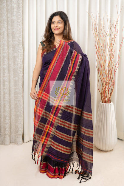 Narayanpet Mercerized Cotton Saree With Broad Pink Border - Ink Blue