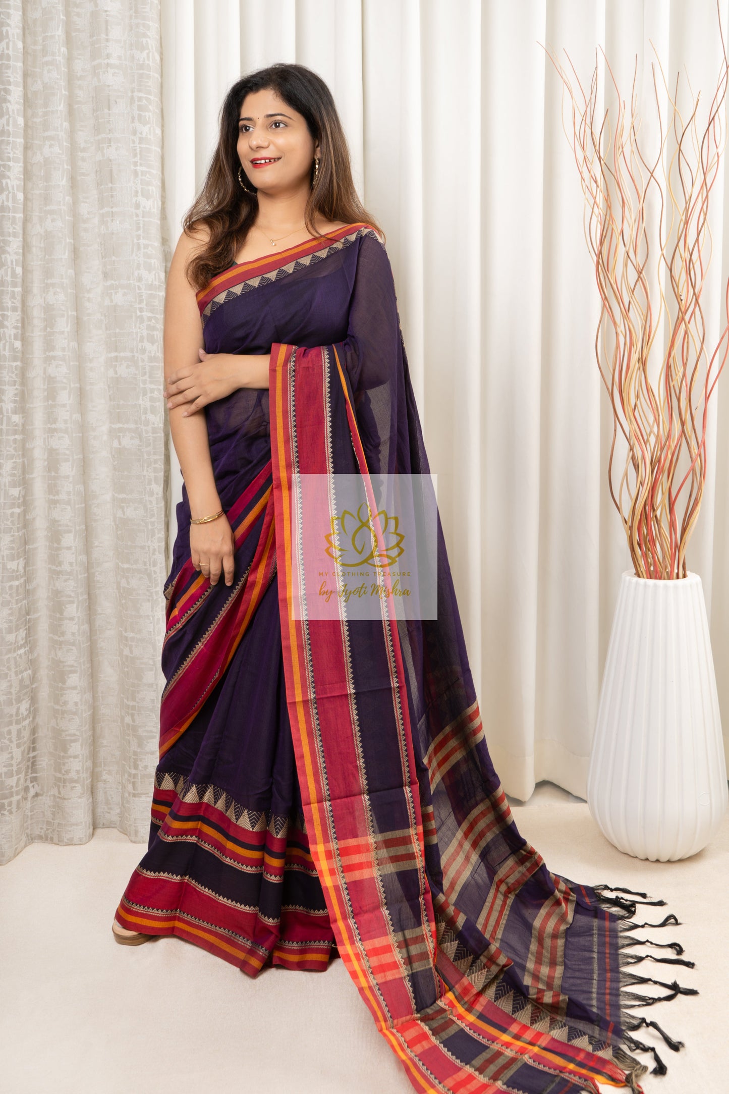 Narayanpet Mercerized Cotton Saree With Broad Pink Border - Ink Blue