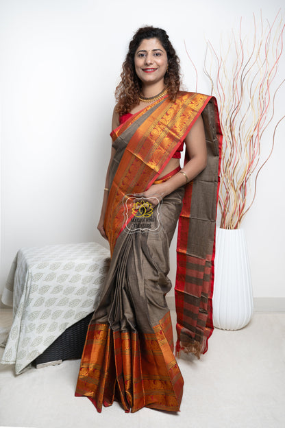 Narayanpet Mercerized Cotton Saree With Zari Border - Antique Gold 1