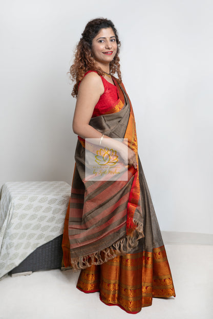 Narayanpet Mercerized Cotton Saree With Zari Border - Antique Gold 1