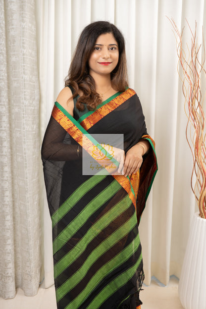 Narayanpet Mercerized Cotton Saree With Zari Border - Black