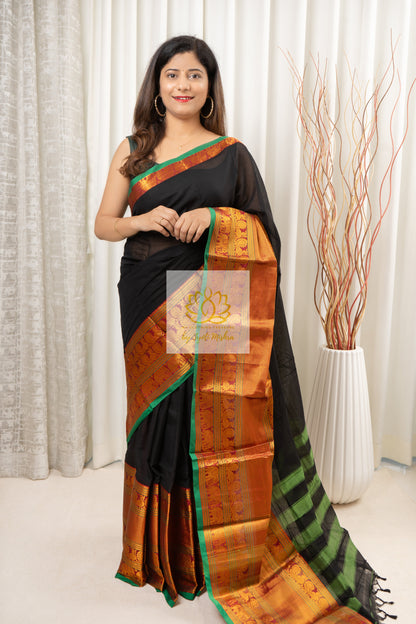 Narayanpet Mercerized Cotton Saree With Zari Border - Black