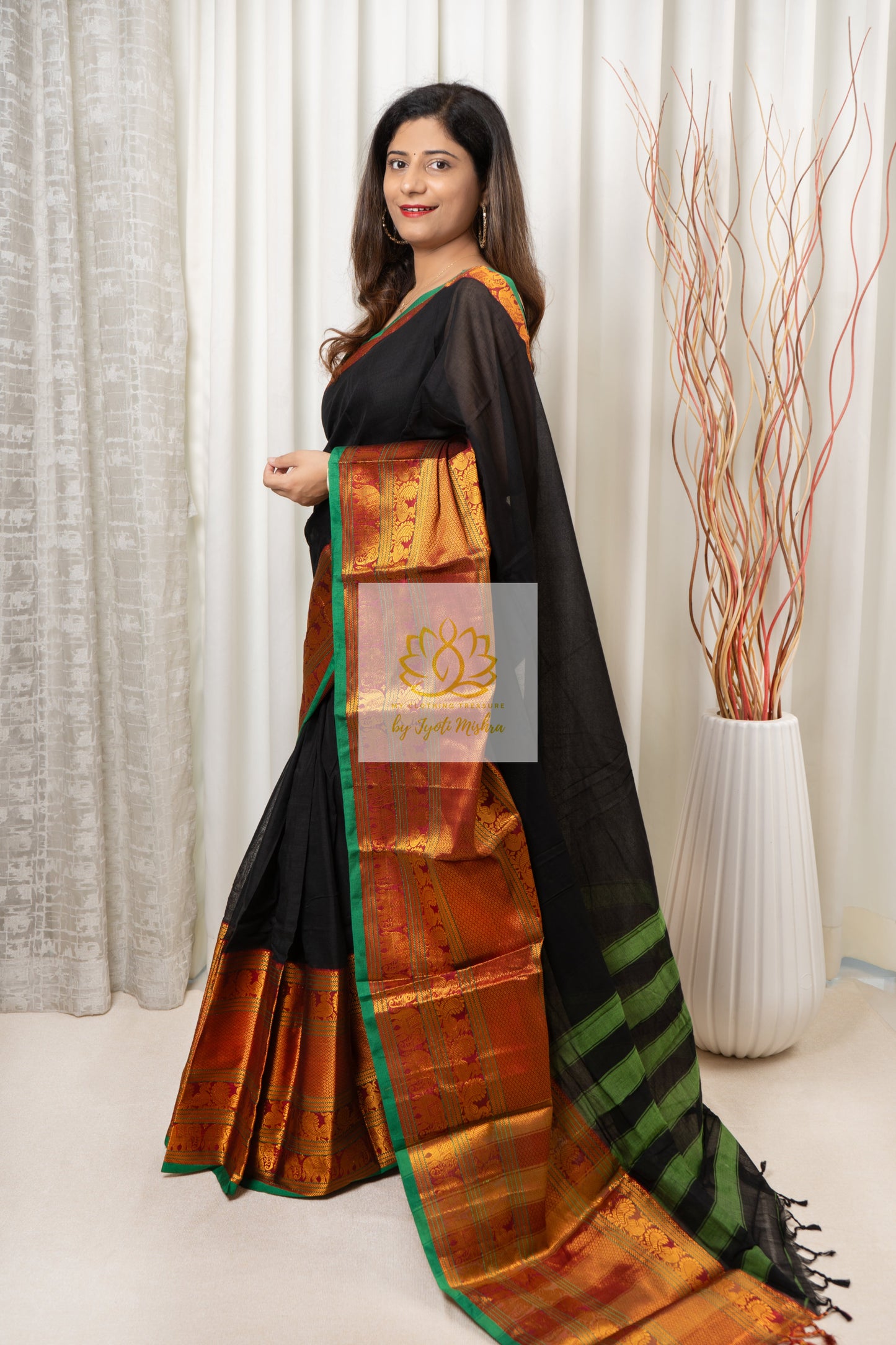 Narayanpet Mercerized Cotton Saree With Zari Border - Black