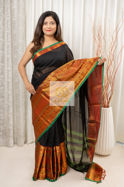 Narayanpet Mercerized Cotton Saree With Zari Border - Black