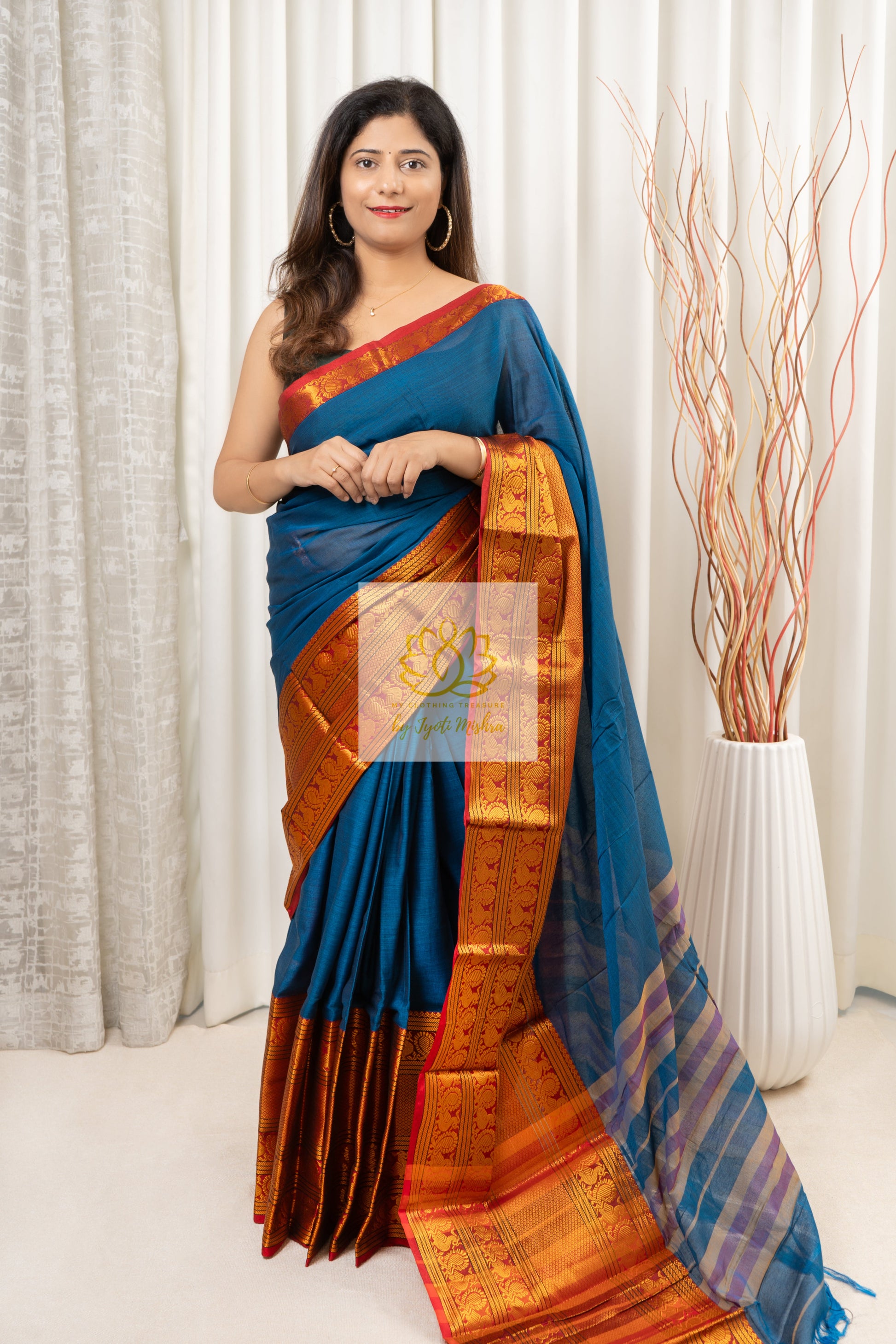 Narayanpet Mercerized Cotton Saree With Zari Border - Blue