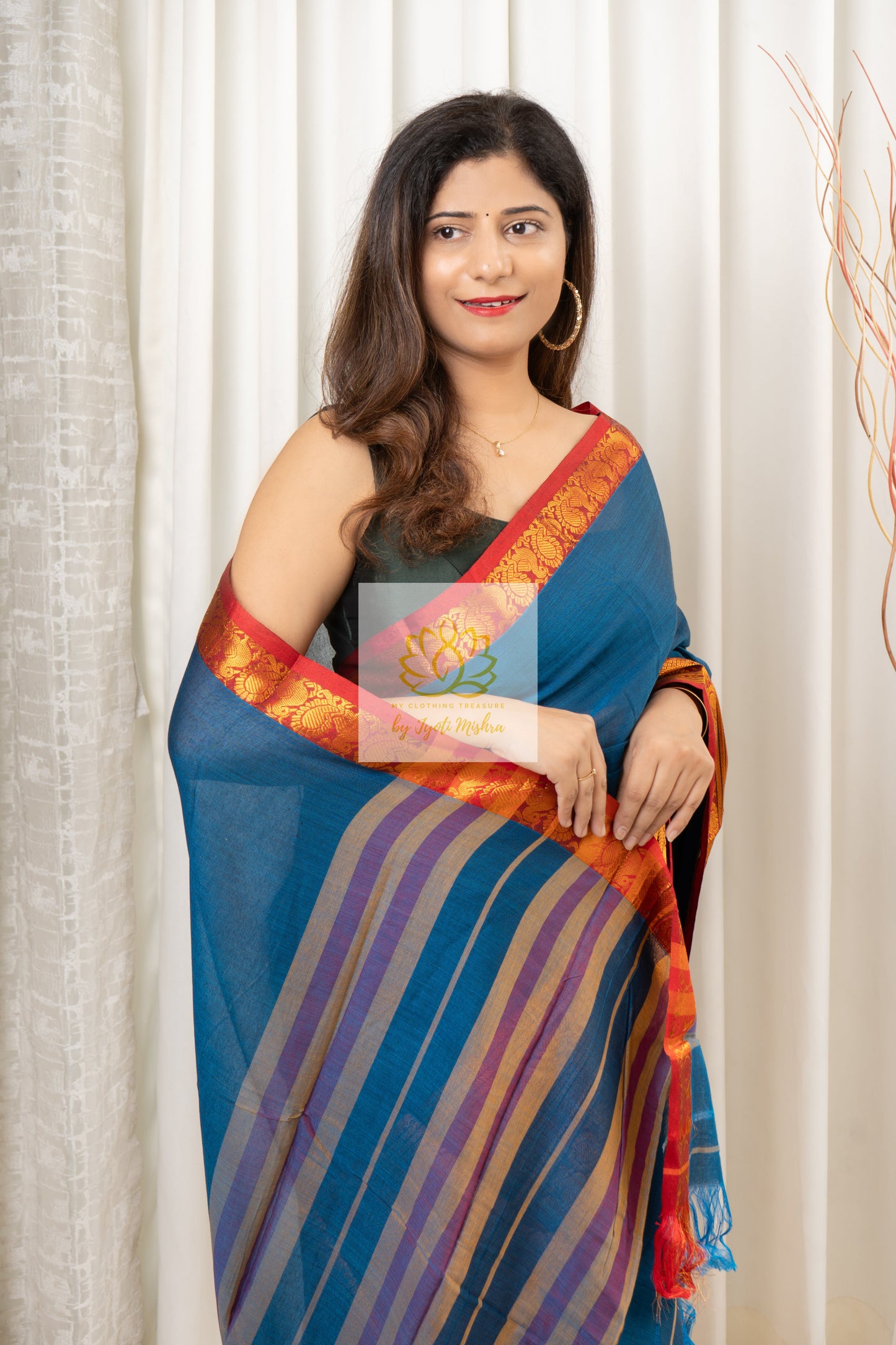 Narayanpet Mercerized Cotton Saree With Zari Border - Blue