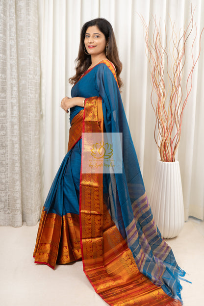 Narayanpet Mercerized Cotton Saree With Zari Border - Blue