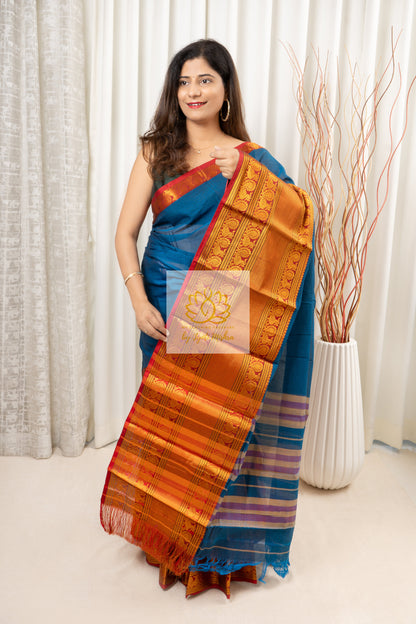 Narayanpet Mercerized Cotton Saree With Zari Border - Blue