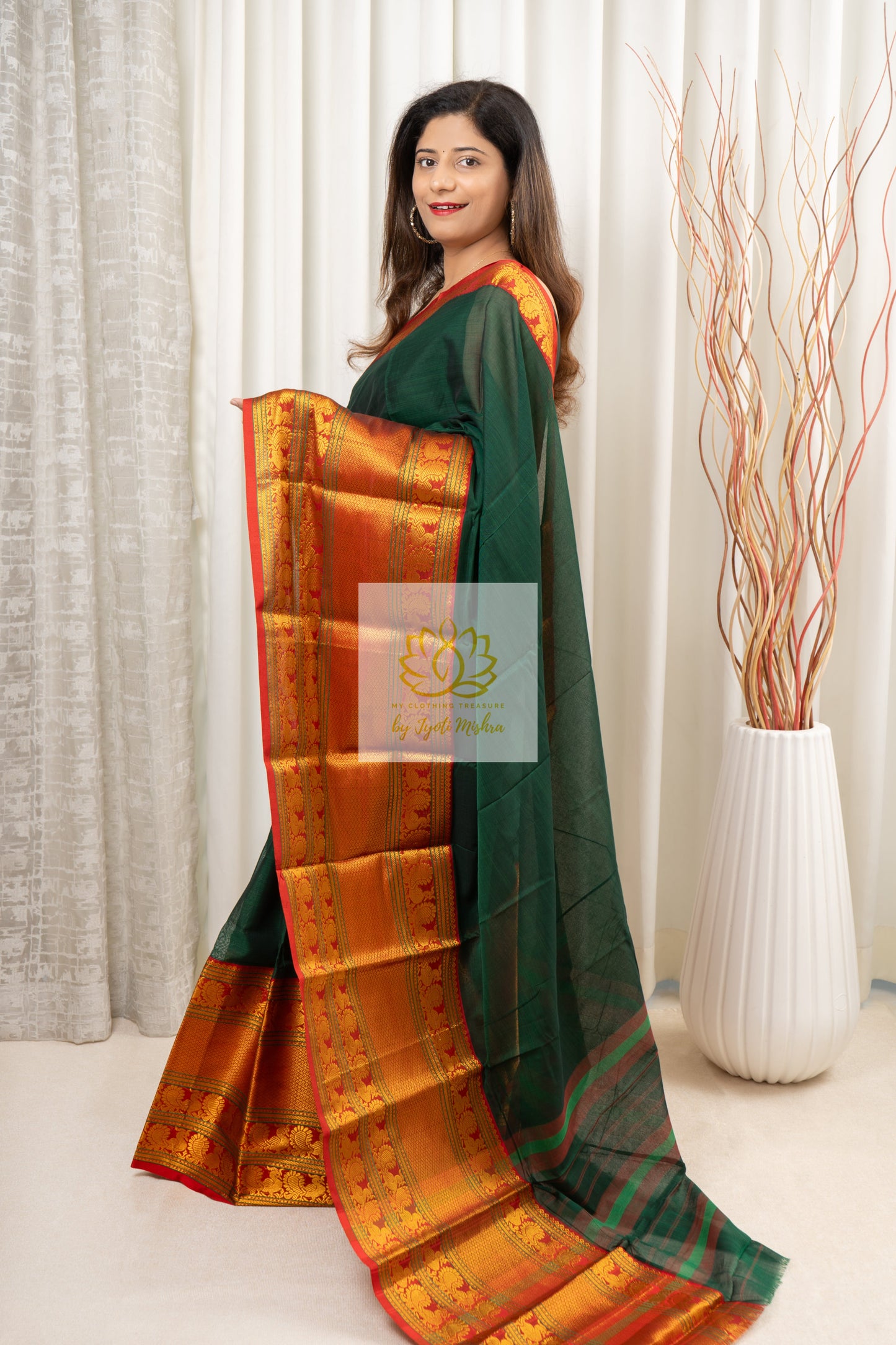 Narayanpet Mercerized Cotton Saree With Zari Border - Green 1