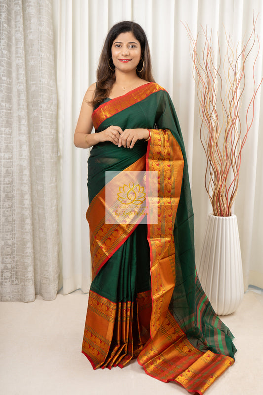 Narayanpet Mercerized Cotton Saree With Zari Border - Green 1