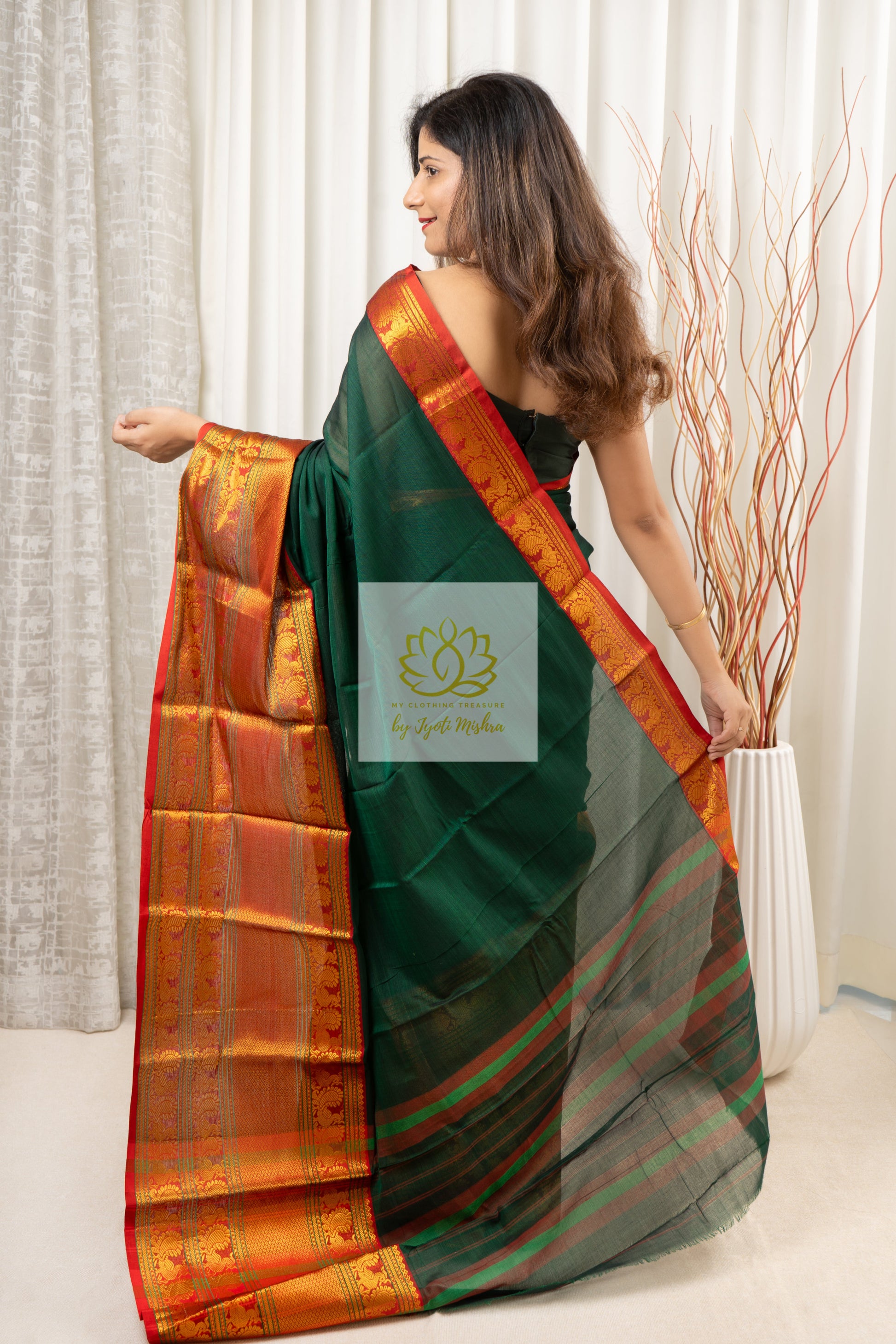 Narayanpet Mercerized Cotton Saree With Zari Border - Green 1