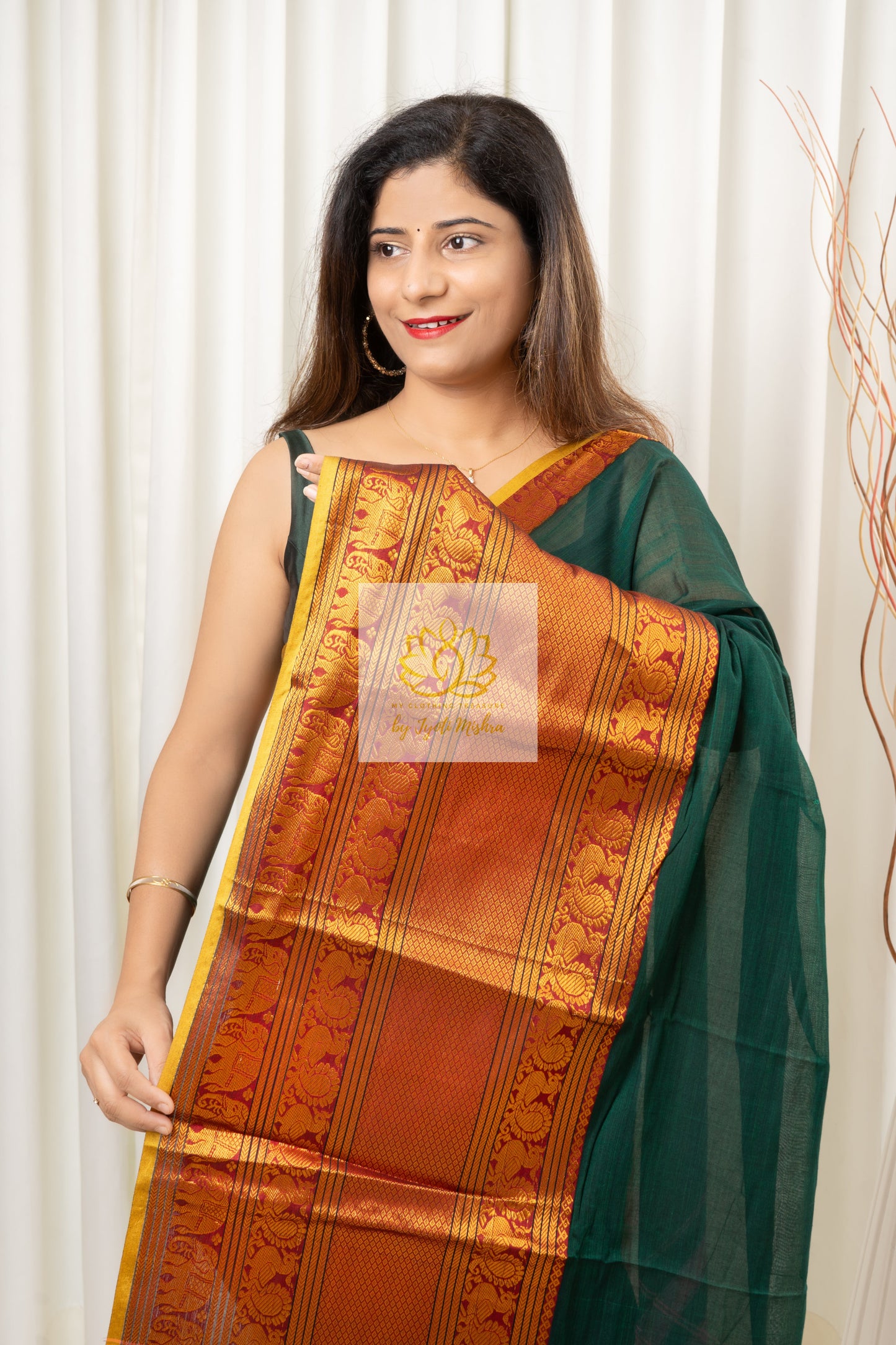 Narayanpet Mercerized Cotton Saree With Zari Border - Green 2