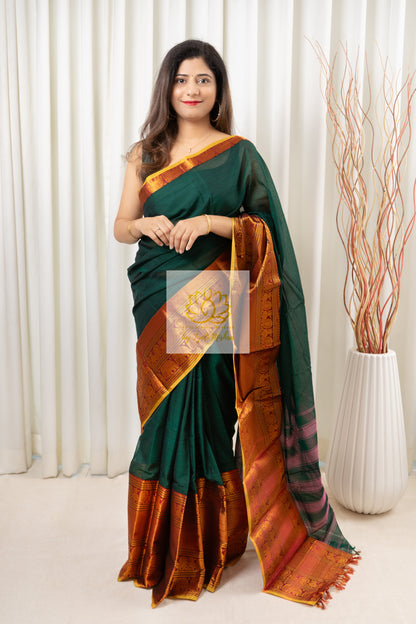 Narayanpet Mercerized Cotton Saree With Zari Border - Green 2