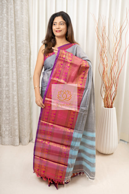 Narayanpet Mercerized Cotton Saree With Zari Border - Grey