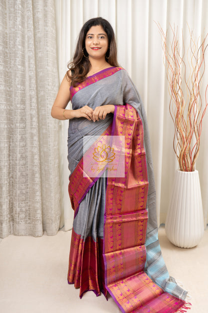 Narayanpet Mercerized Cotton Saree With Zari Border - Grey