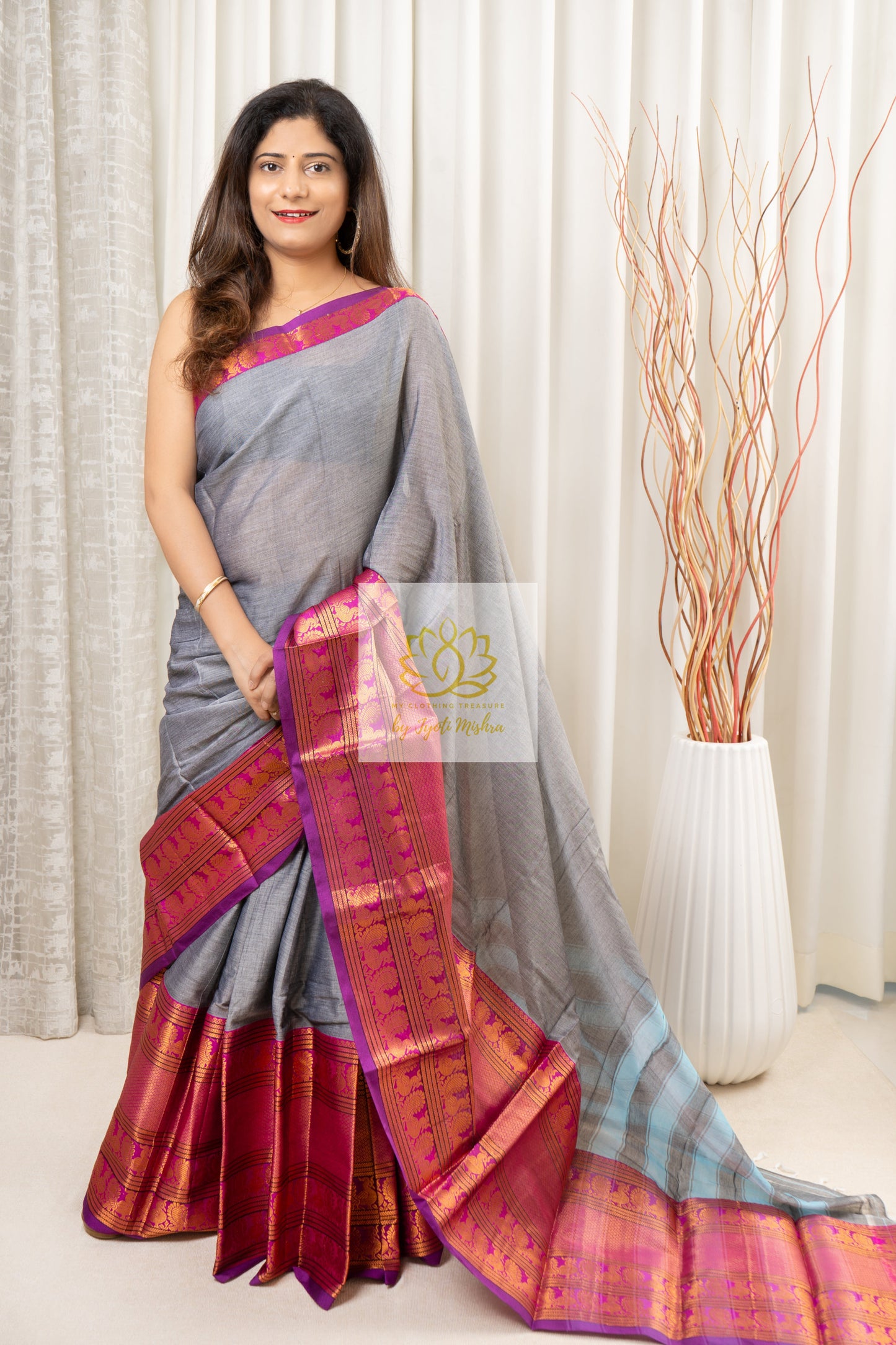 Narayanpet Mercerized Cotton Saree With Zari Border - Grey