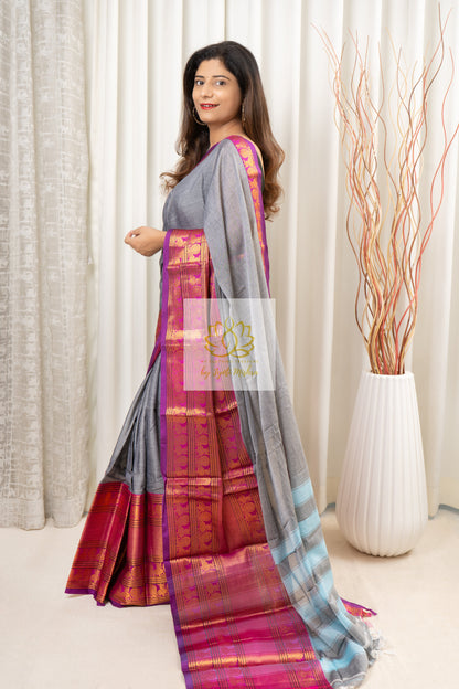 Narayanpet Mercerized Cotton Saree With Zari Border - Grey