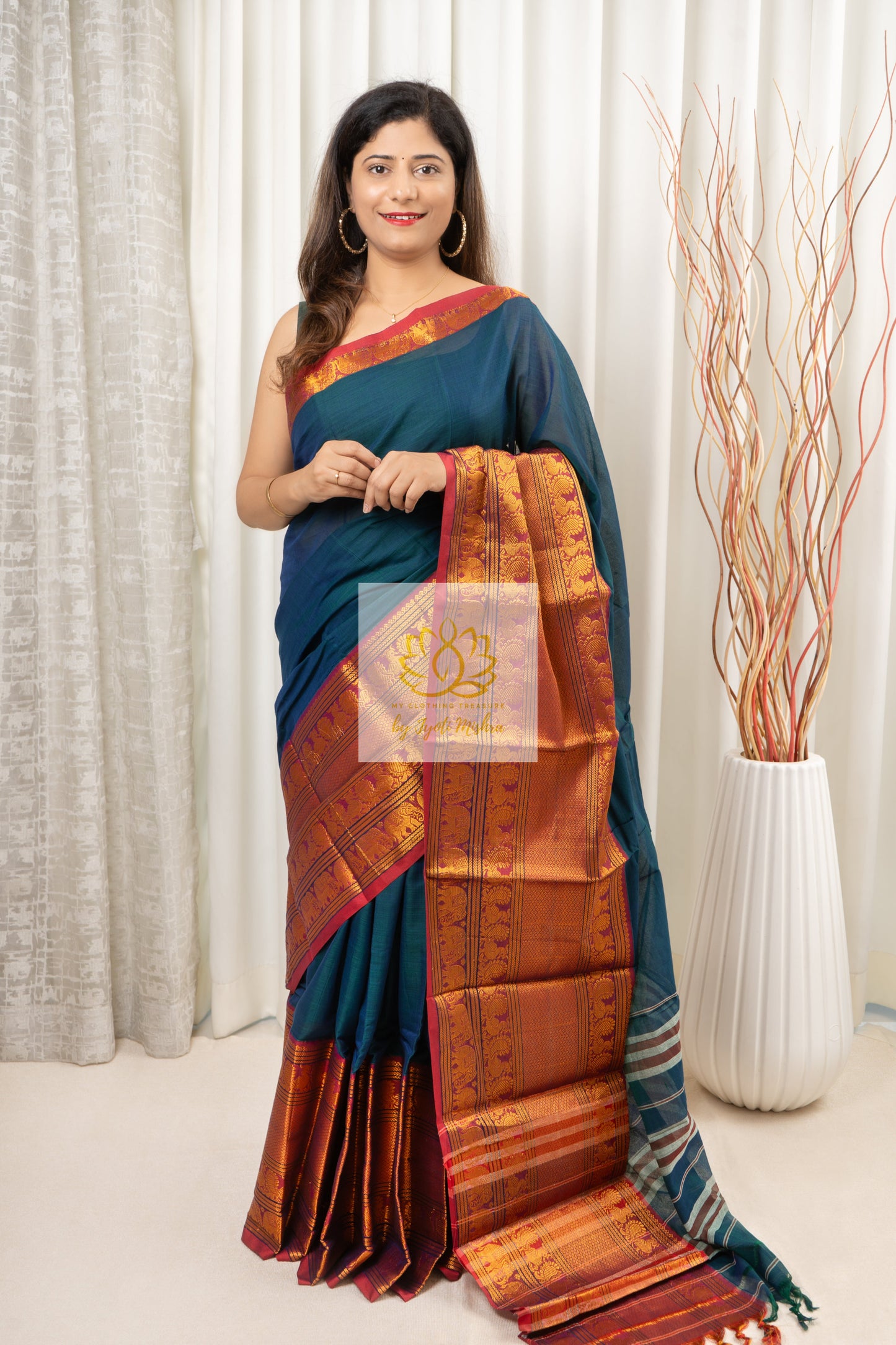 Narayanpet Mercerized Cotton Saree With Zari Border - Peacock Blue