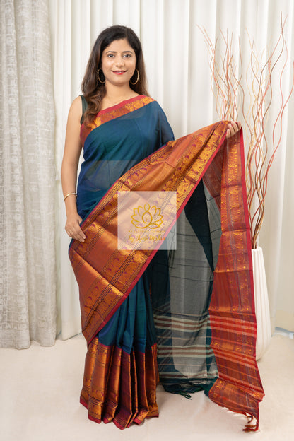 Narayanpet Mercerized Cotton Saree With Zari Border - Peacock Blue