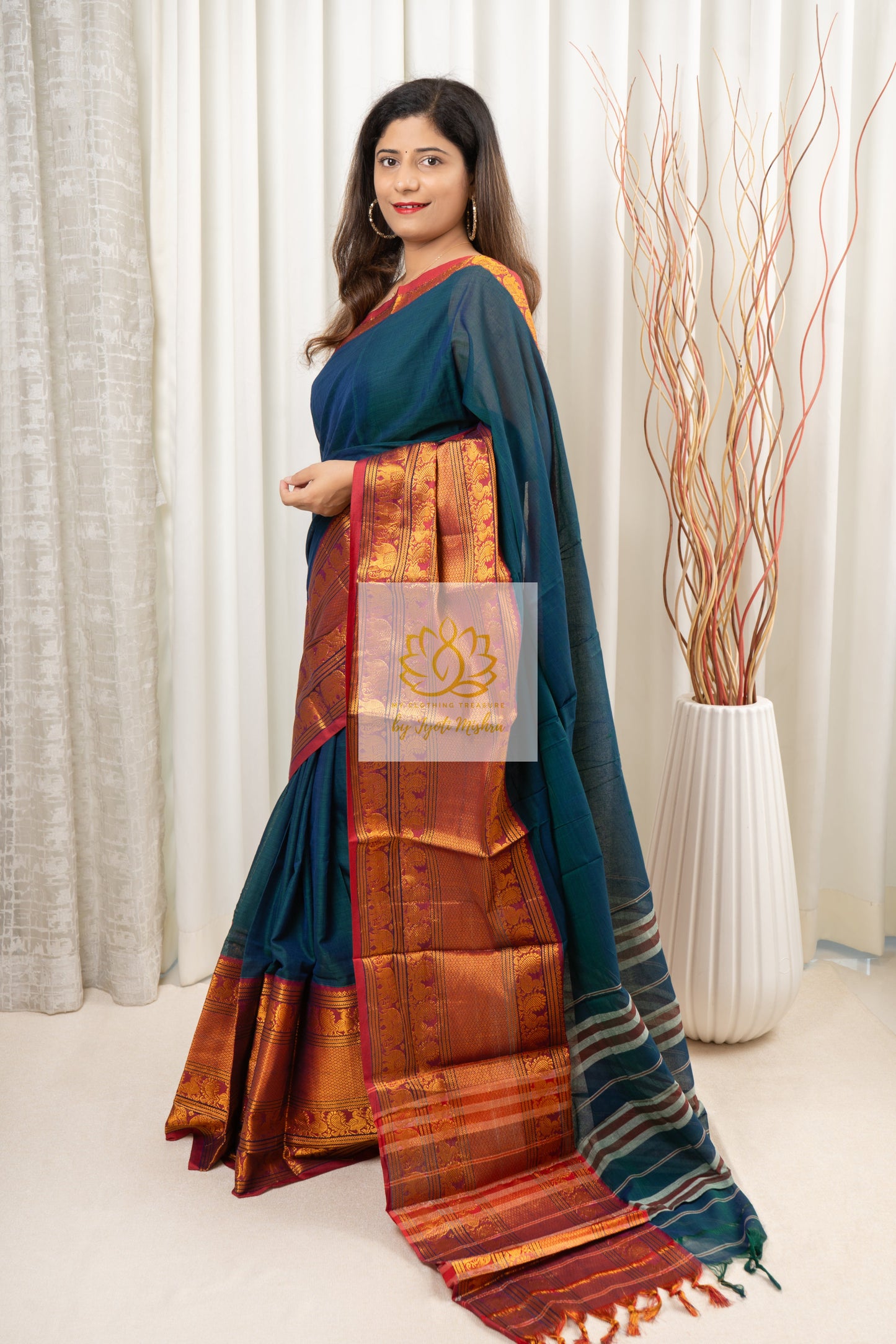 Narayanpet Mercerized Cotton Saree With Zari Border - Peacock Blue