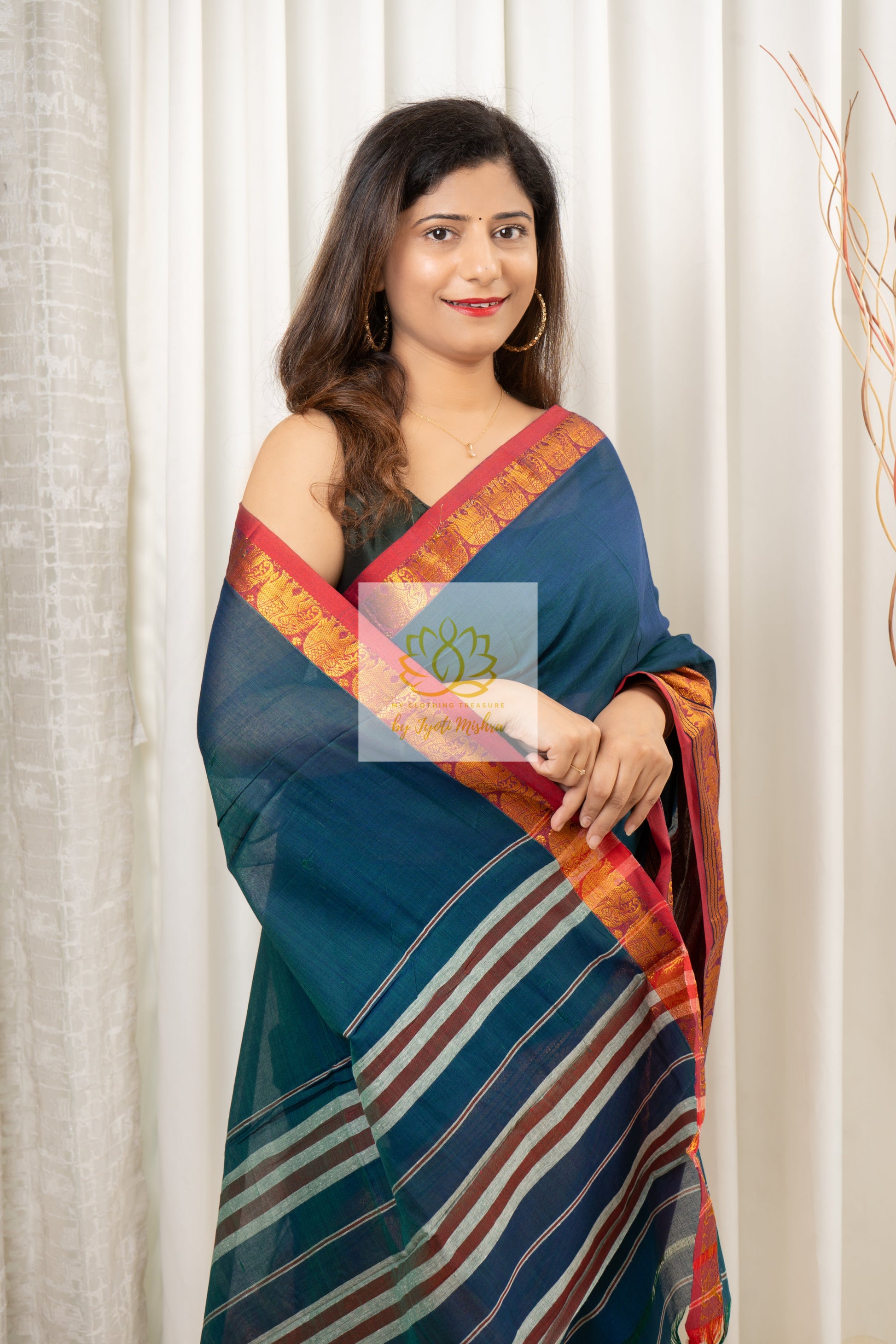 Narayanpet Mercerized Cotton Saree With Zari Border - Peacock Blue