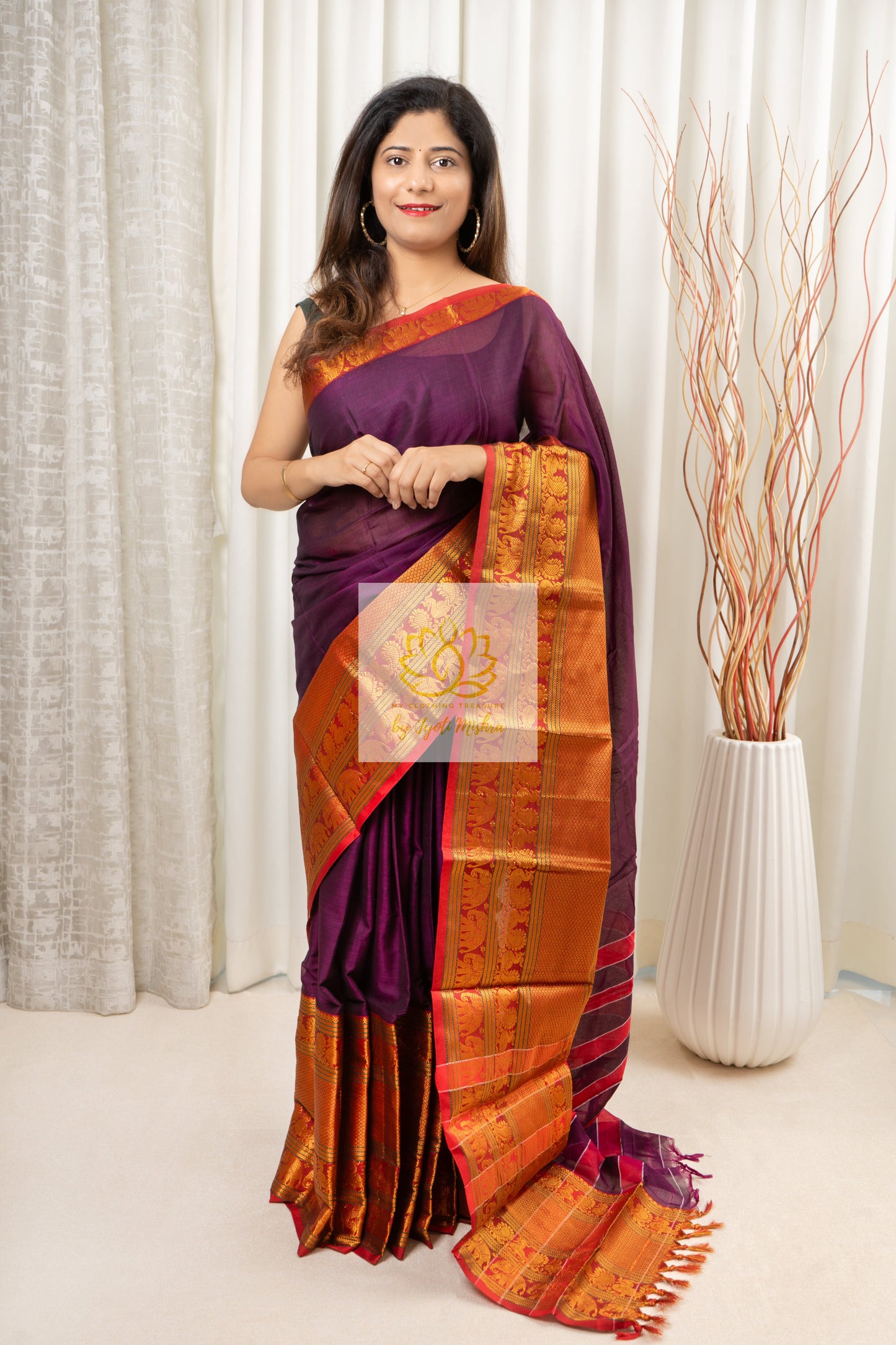 Narayanpet Mercerized Cotton Saree With Zari Border - Purple 2